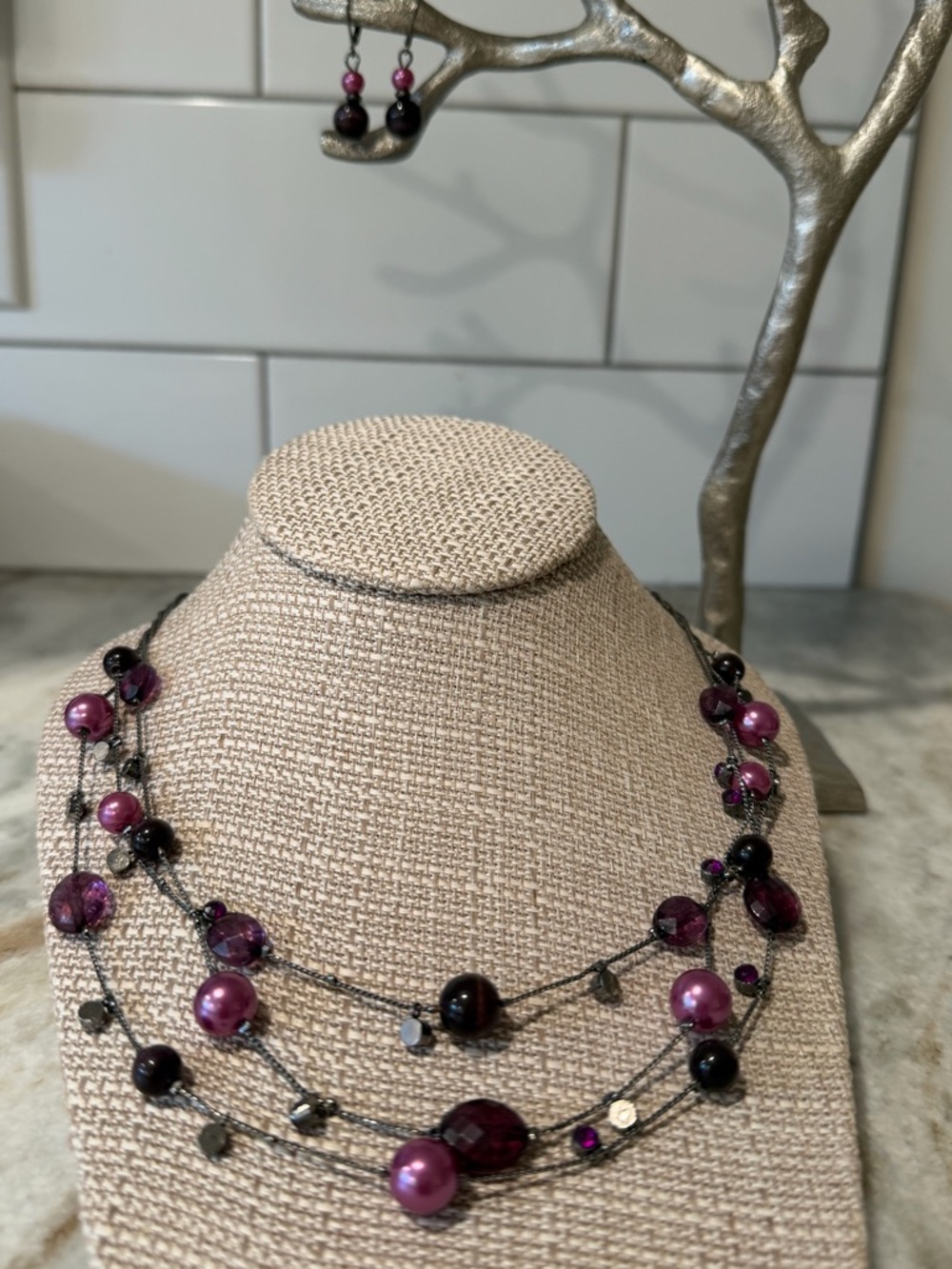 Multi-Strand Purple Bead Necklace and Earring Set